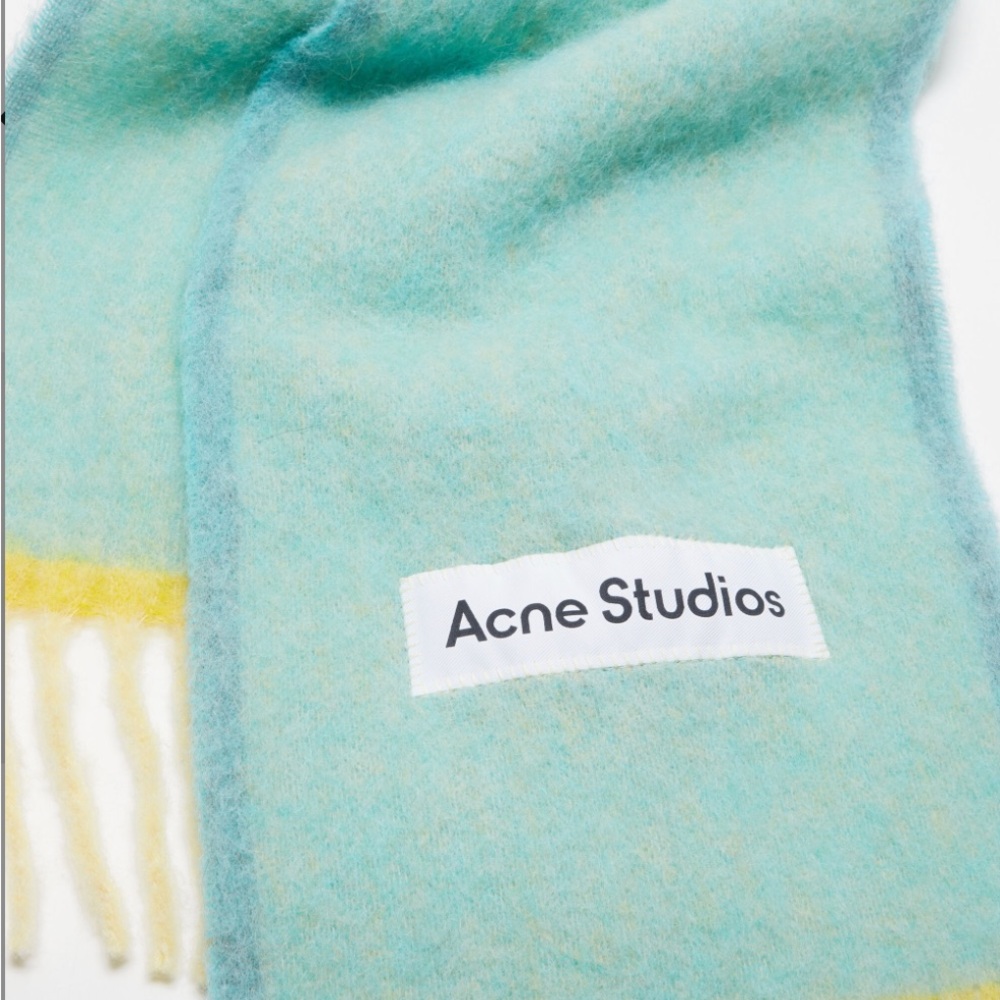 Acne Studios Fringe Scarf in Aqua and Pale Yellow - Picture 2 of 4